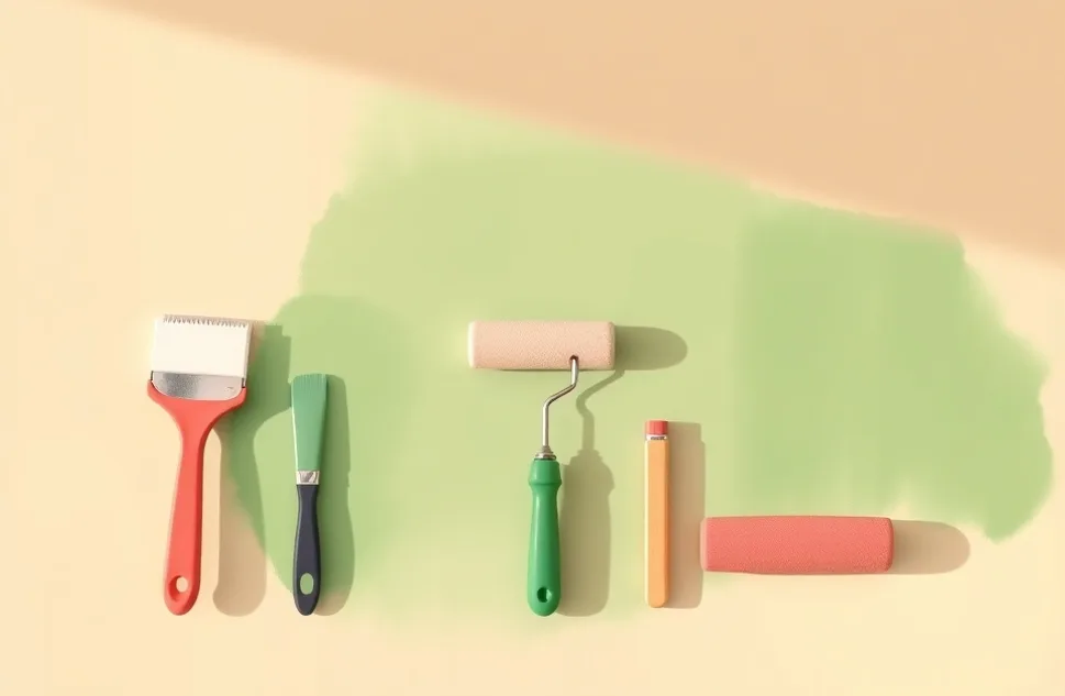 Outils de peinture disposés dans l'ordre des étapes du chantier