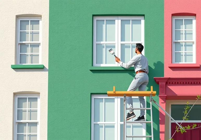 Peintre sur échafaudage traitant la façade d'une maison