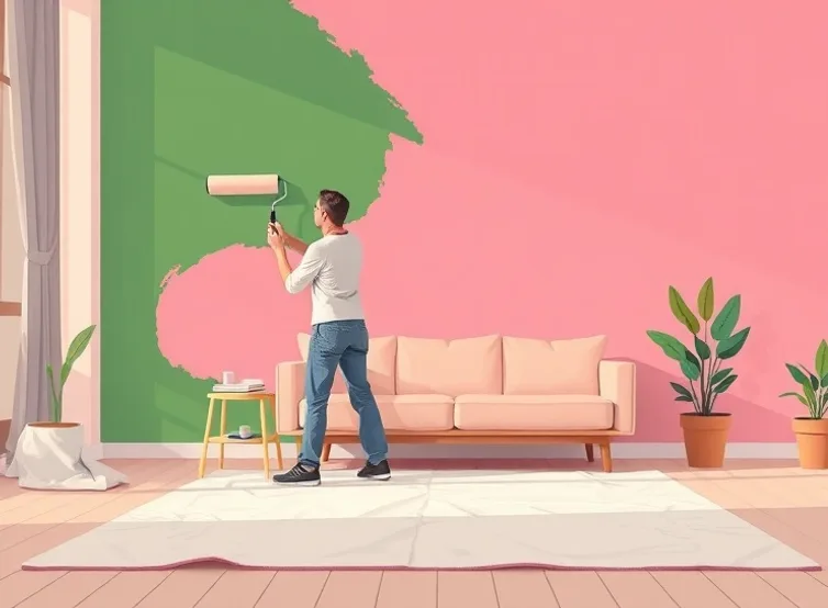 Peintre appliquant la peinture au rouleau sur un mur de salon